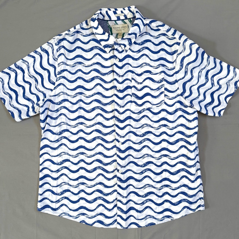 Men’s Racing Green British Style White With Blue wavePrint Short Sleeve Shirt XL
